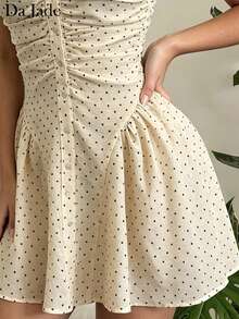 Women Sweet Casual Beige Polka Dot Mini Dress Spaghetti Strap Square Neck Front Button Ruched Waist Summer Beach Vacation Y2K Going Out Short Dress - Apricot - View 4