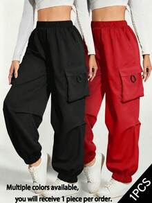 1pc Tween Girls Outdoor Street Casual Solid Color Cargo Pants - Black - View 5