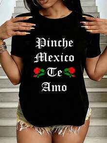 Camiseta MEXICO TE AMO ROSAS ROJAS Camisetas de moda casual para mujeres con estampado gráfico Tops deportivos activos para mujeres - Negro - Ver 1