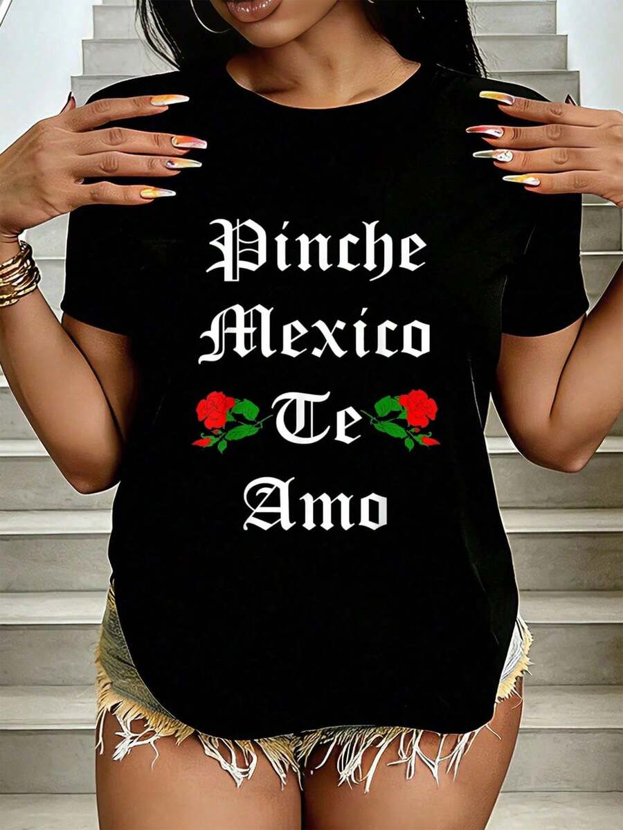 Camiseta MEXICO TE AMO ROSAS ROJAS Camisetas de moda casual para mujeres con estampado gráfico Tops deportivos activos para mujeres - Negro - Ver 1