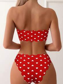 New 2026 Model: Women's Multicolor Ruffled Bikini Swimsuit With Red Heart-Shaped Bow - Red Background With White Heart - View 3