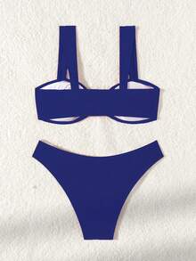 New 2026 Model: New Two-Piece Bikini With Metallic Accessory And Solid Color For Women, Beach Swimsuit With Opening - Royal Blue - View 2