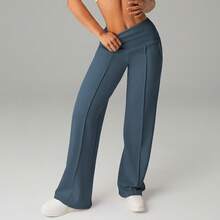 Pantalones de cintura alta, holgados, de pierna ancha y efecto adelgazante para correr y practicar deportes al aire libre, pantalones de pierna ancha para mujer. - Azul oscuro - Ver 1