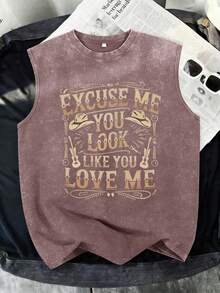 2026 Women's Vintage Fashion Vest, 100% Cotton Sleeveless Vest, Washed And Distressed Tank Top, Printed With Western Cowboy Vintage Lettering - 淺棕色 - 查看 1