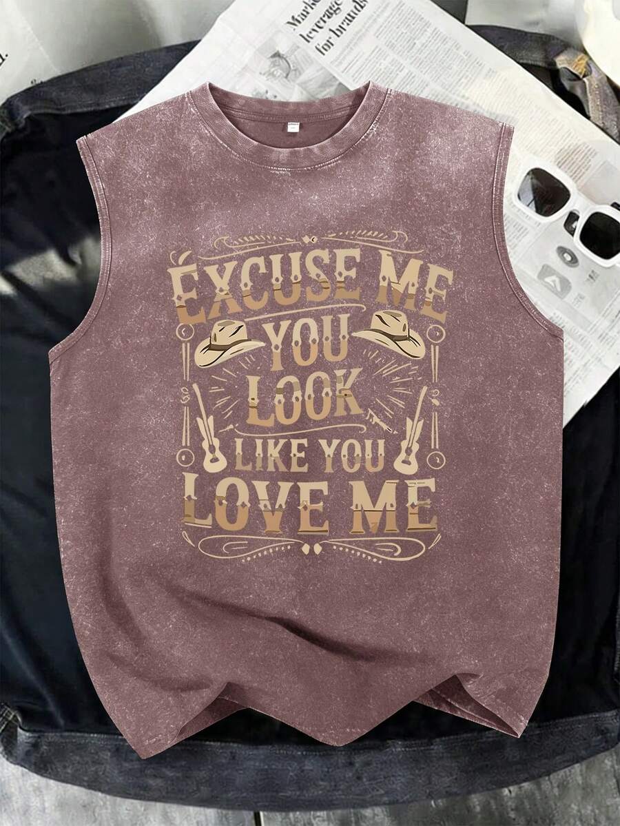 2026 Women's Vintage Fashion Vest, 100% Cotton Sleeveless Vest, Washed And Distressed Tank Top, Printed With Western Cowboy Vintage Lettering - 淺棕色 - 查看 1