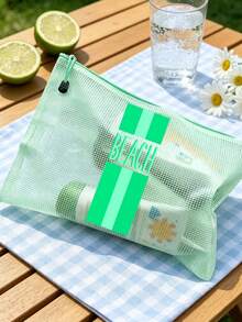 多色時尚防水PVC沙灘包，對比色條紋「Beach」印花，彩色字母印花，A4尺寸，透明化妝包，尼龍拉鍊，適合游泳、潛水和夏季度假，輕量，中性，沙灘包配件，旅行必需品，旅行配件，度假必需品。開學用品盥洗包，大容量洗澡包，女性禮物，郵輪必需品 - 彩色 - 查看 7
