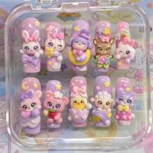 Handmade Nails Press On,Hard And Durable Nail Art,Handmade Kawaii Dessert Press On Nails | Shopkins-Inspired Characters, Chocolate, Donut & Ice Cream | Long Coffin Nails For Cute Sweet Vibes Summer Nail Art / Applicable To 899 Regions - 玫紅色 - 查看 1