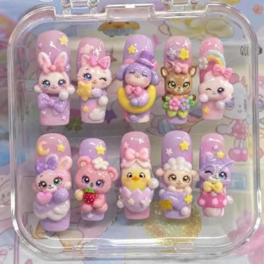 Handmade Nails Press On,Hard And Durable Nail Art,Handmade Kawaii Dessert Press On Nails | Shopkins-Inspired Characters, Chocolate, Donut & Ice Cream | Long Coffin Nails For Cute Sweet Vibes Summer Nail Art / Applicable To 899 Regions - 玫紅色 - 查看 1