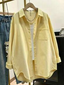 Plus Size Women's Solid Color Pocket Front Button-Down Casual Shirt - Light Yellow - View 4