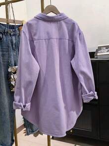 Plus Size Women's Solid Color Pocket Front Button-Down Casual Shirt - Mauve Purple - View 3