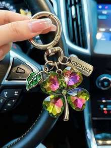 1pc Lucky Four-Leaf Clover Keychain, Sparkling Faux Crystal Four-Leaf Clover Key Ring With "GOOD LUCK" Tag, For Bag And Car Decoration, Perfect Gift For Women - Multicolor - View 8