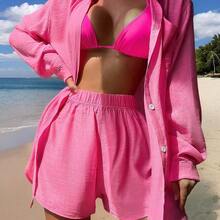 dagjydgfyja Swim Vcay Set cover up unicolor con botón delantero - Negro01 - Ver 2