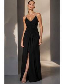 Inexpensive Bridesmaid Dress For Parties, Guests, Receptions, Graduations, Without Glitter, With Thin Rhinestone Straps. - Black - View 1