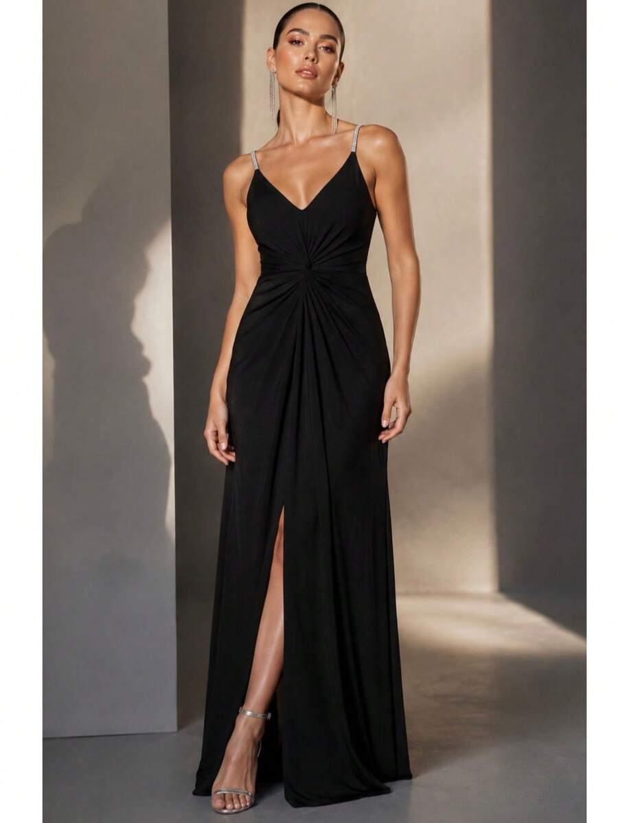 Inexpensive Bridesmaid Dress For Parties, Guests, Receptions, Graduations, Without Glitter, With Thin Rhinestone Straps. - Black - View 1