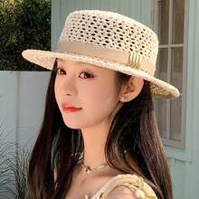 1pc French Style Flat Top Straw Hat Summer Outdoor Travel Face-Slimming Sun Hat Fashionable Sun Protection Hat - Multicolor - View 3