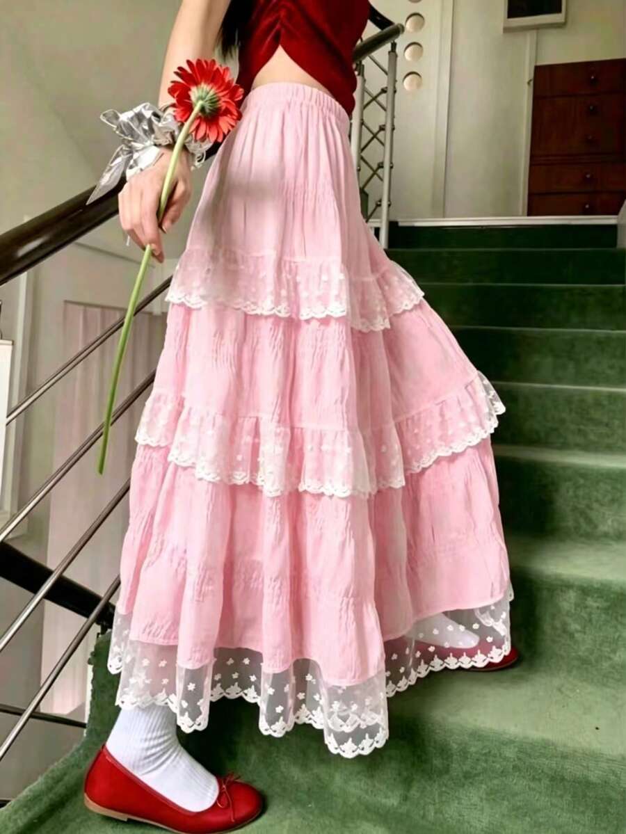 Teen Girl Summer Lace Trim High Waist A-Line Long Skirt 13-16 Years Old - Pink - View 1