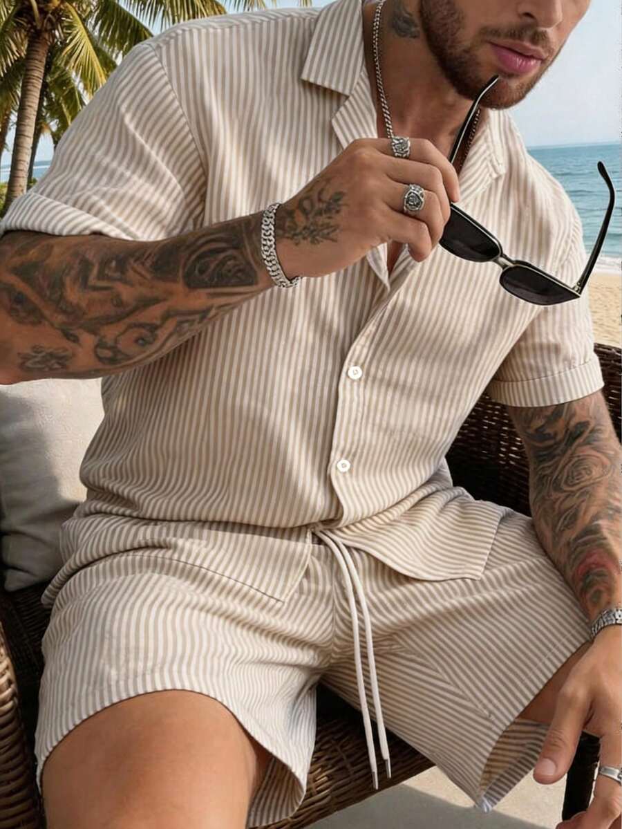 男士修身时尚泡泡条纹透气撞色纽扣斜插口袋抽绳领全拉链休闲商务西装,夏季畅销款两件套 - 卡其色 - 查看 1