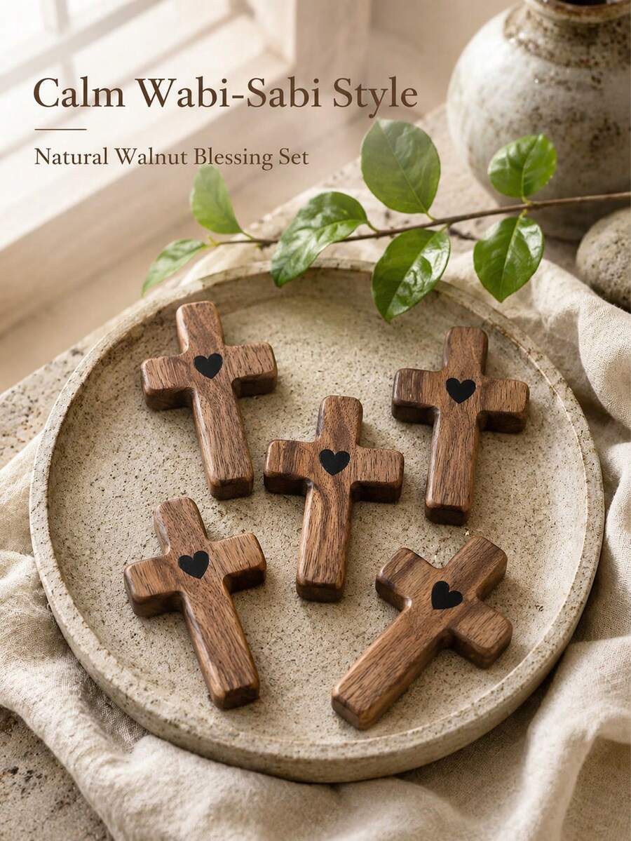 Aesthetic Walnut Wood Cross Set With Black Heart Healing Pocket Cross For Christians Wooden Cross Sleek Texture Blessing Carried Cross For Desk Grief Comfort Anxiety Relief Tokens
