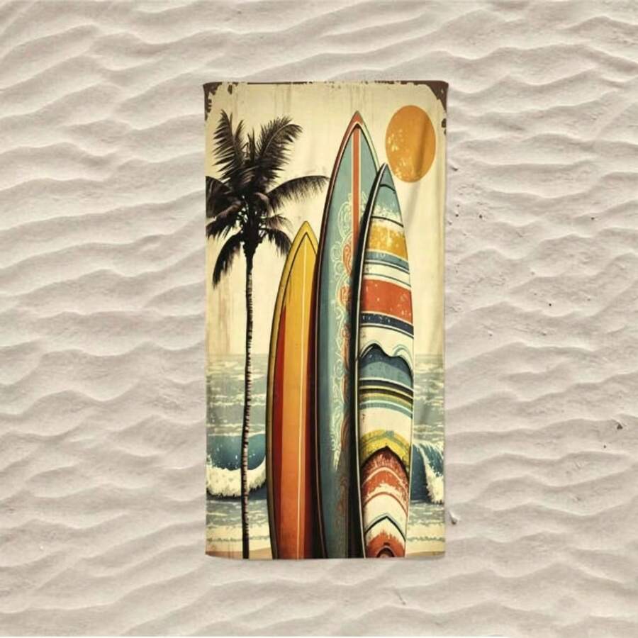 1 pieza Toalla de playa de microfibra suave y absorbente con estampado de tabla de surf retro de dibujos animados, impresa en fibra, con protección solar, para hombres y mujeres, uso al aire libre
