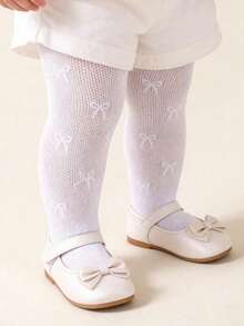 1pc Baby Girl Bow Mesh Tights, Breathable Hollow Out Leggings - White - View 11