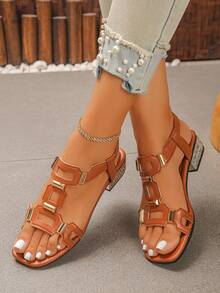 A Pair Of Orange Women's Metal Buckle Diamond High Heels Sandals, Suitable For Daily Commuting, Dating, Beach And Other Occasions - Orange - View 5