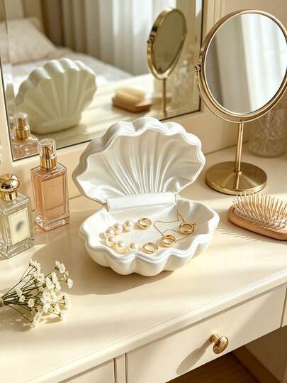 Caja de almacenamiento de joyas de perlas y conchas, elegante caja de joyas de conchas, adecuada para tocador, espejo de tocador, dormitorio, baño y decoración de escritorio; regalo de almacenamiento perfecto para mujeres y niñas