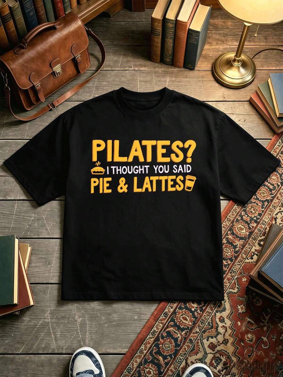 T-shirt amusant Pilates Pie Lattes en coton doux, décontracté, confortable et résistant, avec un motif graphique, nouveauté - Noir - Voir 1