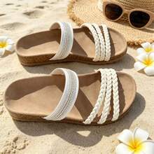 1 Pair Solid Color PU Leather Rhinestone Casual Beach Sandals, Holiday College Vacation Party Office Summer Women's Slippers - Beige - View 3