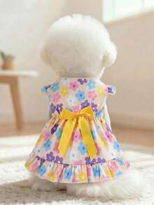 Summer Cute Pet Cat & Dog Print Dress With Flutter Sleeves, Bow Decor And Ruffle Hem - Yellow - View 1