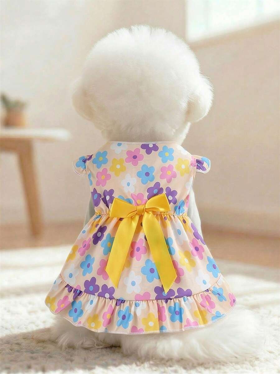 Summer Cute Pet Cat & Dog Print Dress With Flutter Sleeves, Bow Decor And Ruffle Hem - Yellow - View 1