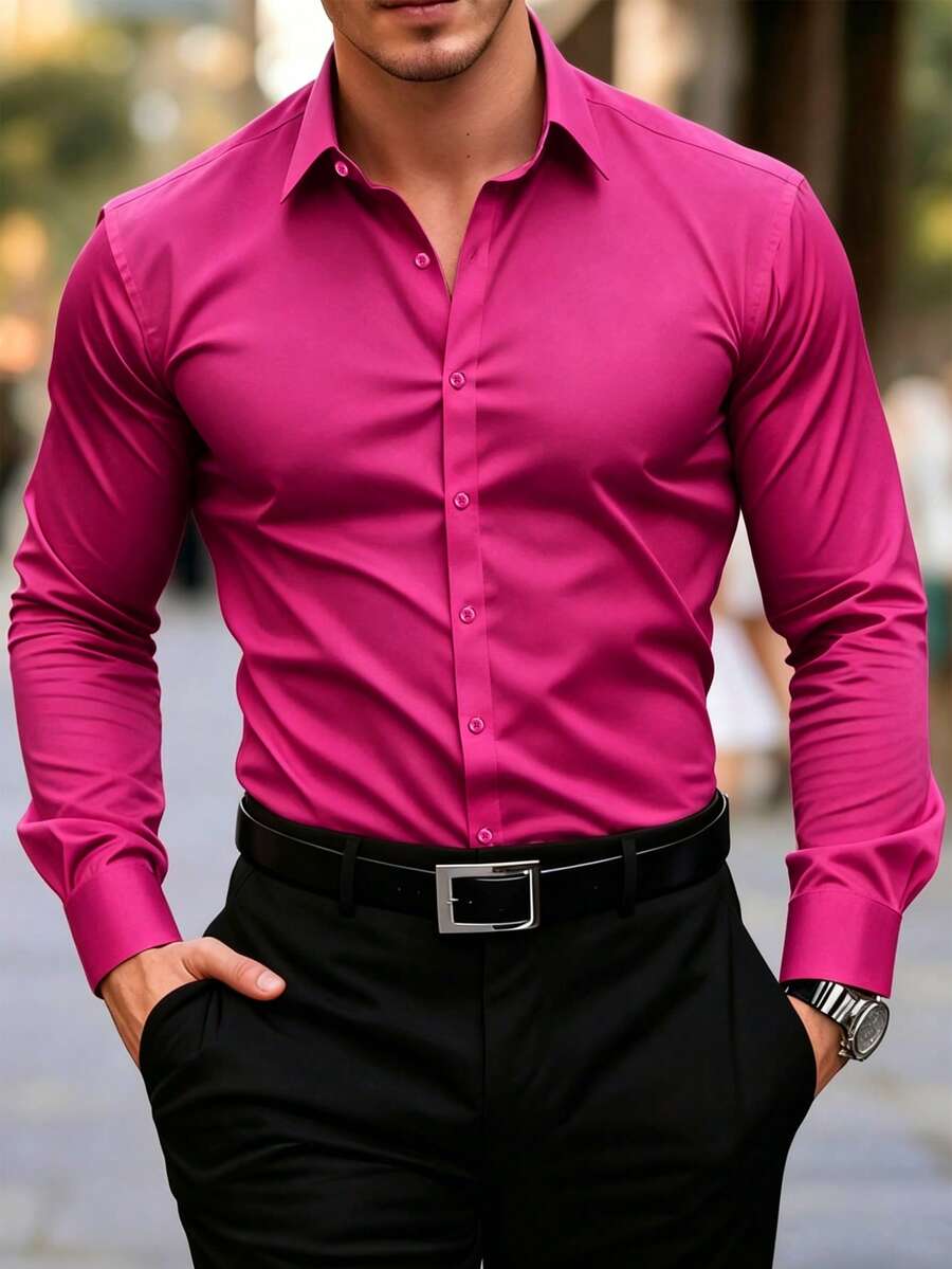 Men's Solid Color Turn-Down Collar Long Sleeve Formal Shirt
