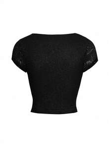Plus Size Women's Valentine's Day Sexy V-Neck Lace Hollow Out Fitted Knit Short Sleeve Top Casual Black Summer - Black - View 4