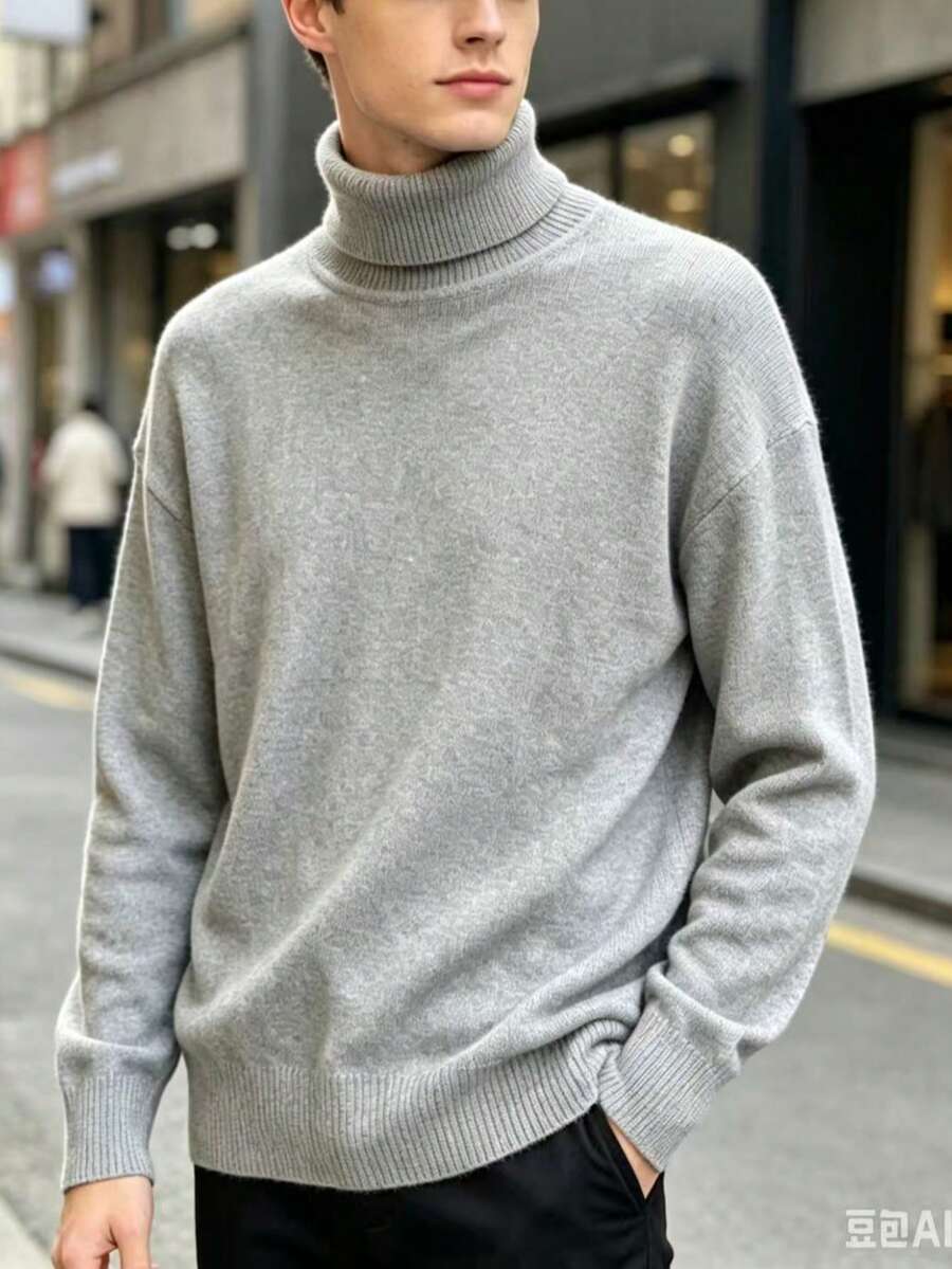 Manfinity Mode Men's Turtleneck Sweater, For Fall And Winter - Light Grey - View 1