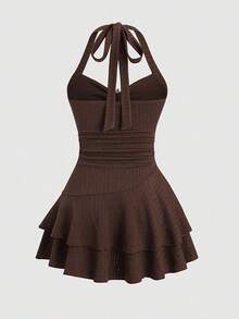 Solid Color Textured Jumpsuit With Tie Neck For Vacation, For Beach Party - Coffee Brown - View 2