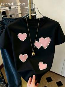 Plus-Size Loose Women's Crew Neck Short Sleeves With Flat Prints Of Hearts And Pearls. Elegant Temperament And Exquisite Style For Daily Wear - màu đen - Xem 5