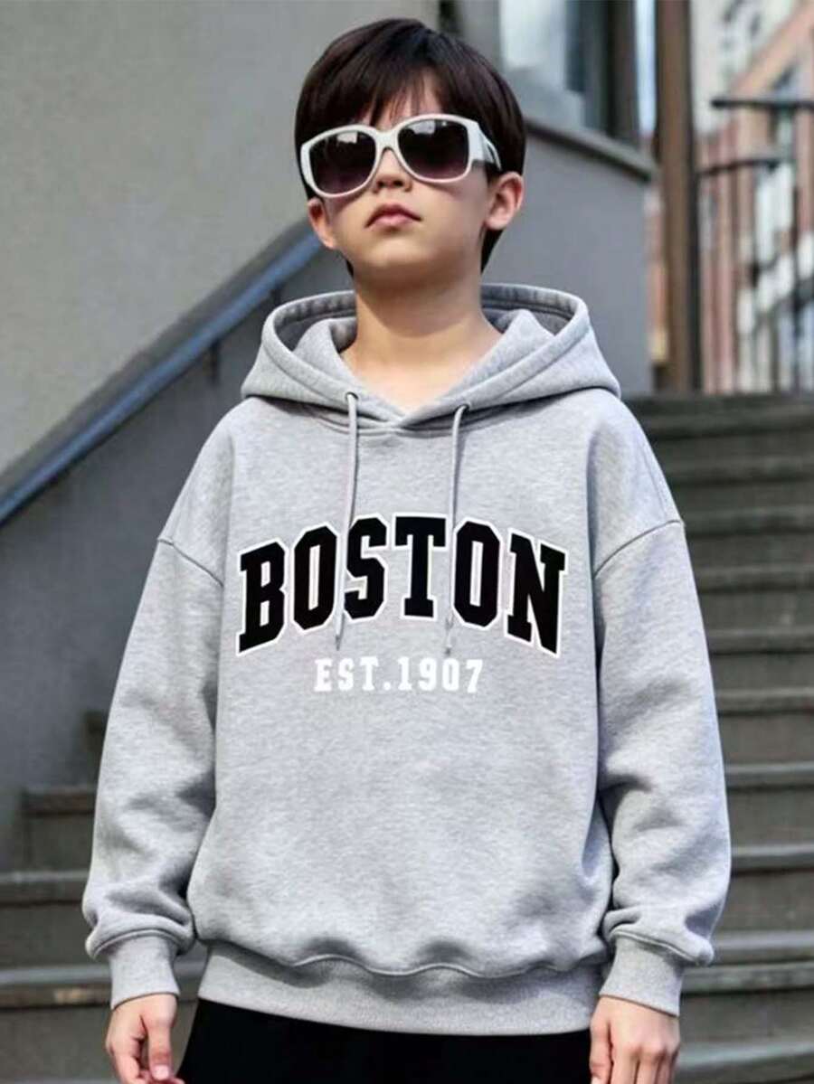 Tween Boy Letter Pattern Warm Hooded Sweatshirt - Grey - View 1