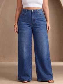 Women's Plus Size High Waist Wide Leg Denim Jeans Casual Long Pants - Blue - View 3