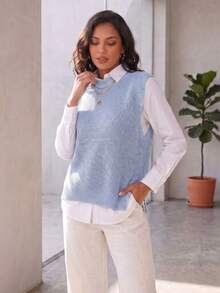 Women's Knitted Vest With Ribbed Crew Neck, Sleeveless, Casual And Elegant Knitwear For Autumn/Winter - 羅莎 - 查看 9
