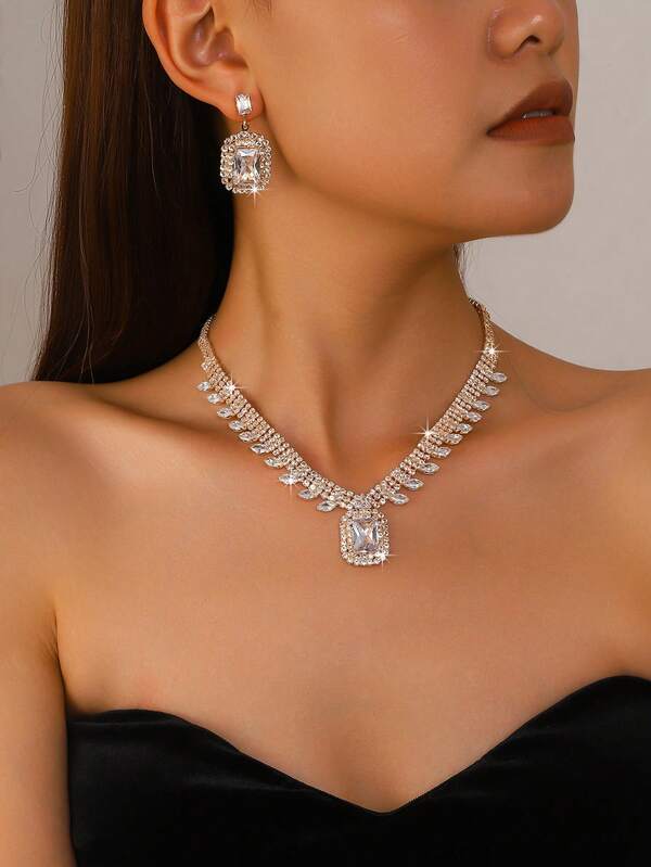3pcs Bridal Wedding Necklace And Earrings Set, Geometric Full Diamond Large Square Necklace, Women's Party Evening Jewelry Set