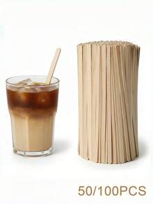 50/100 peças de varetas de café de madeira de alta qualidade, adequadas para café, chá e cocktails, cor de madeira natural, ideais para uso doméstico ou em cafetaria, acessórios de cafetaria, aparência natural, material de madeira - Multicolorido - Ver 2