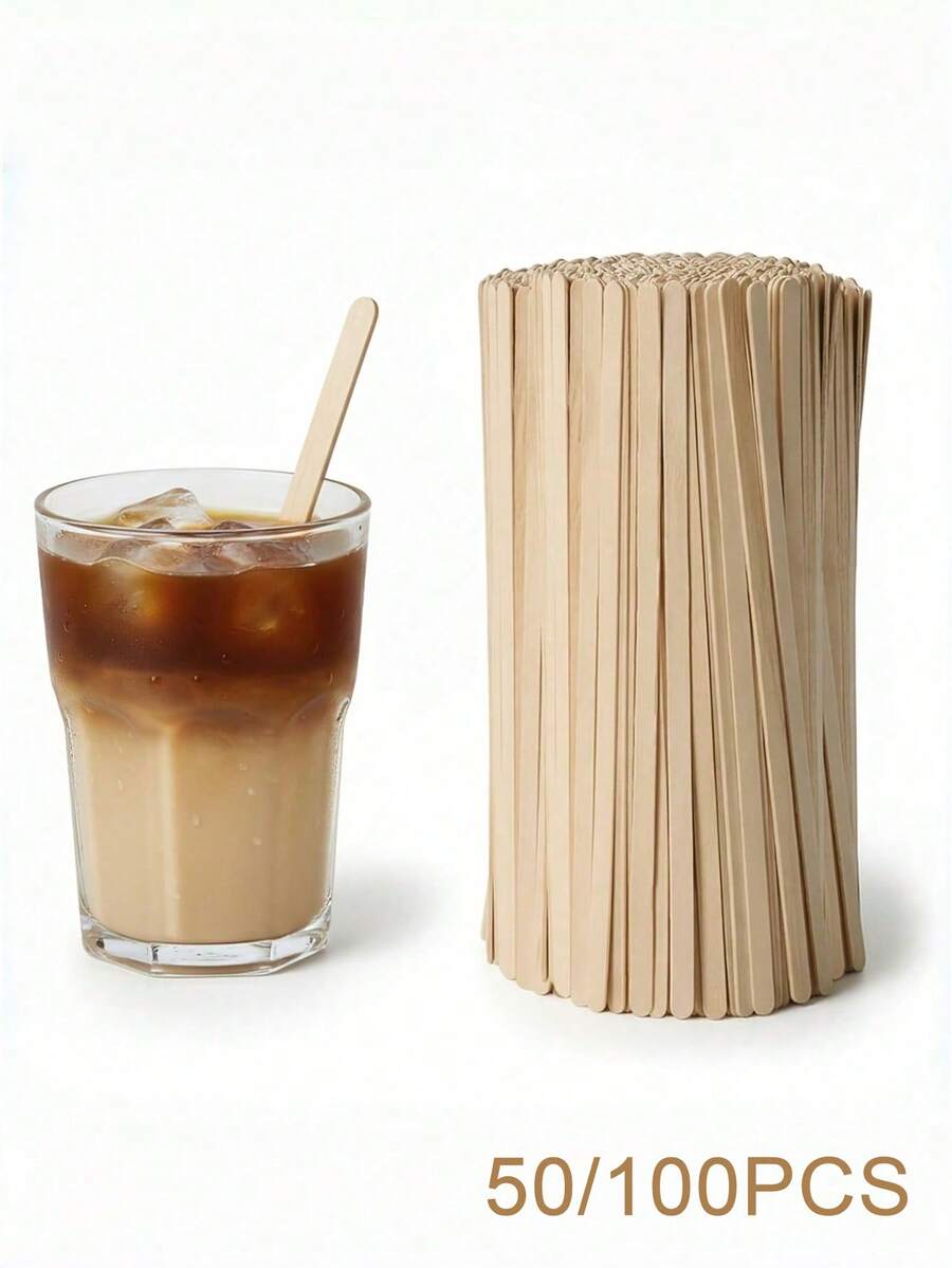50/100 peças de varetas de café de madeira de alta qualidade, adequadas para café, chá e cocktails, cor de madeira natural, ideais para uso doméstico ou em cafetaria, acessórios de cafetaria, aparência natural, material de madeira