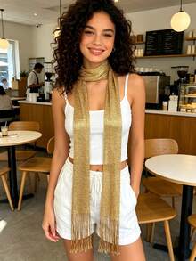 1 pièce Écharpe élégante et polyvalente pour femmes, écharpe simple à franges, convient pour les tenues de soirée - Doré - Voir 1