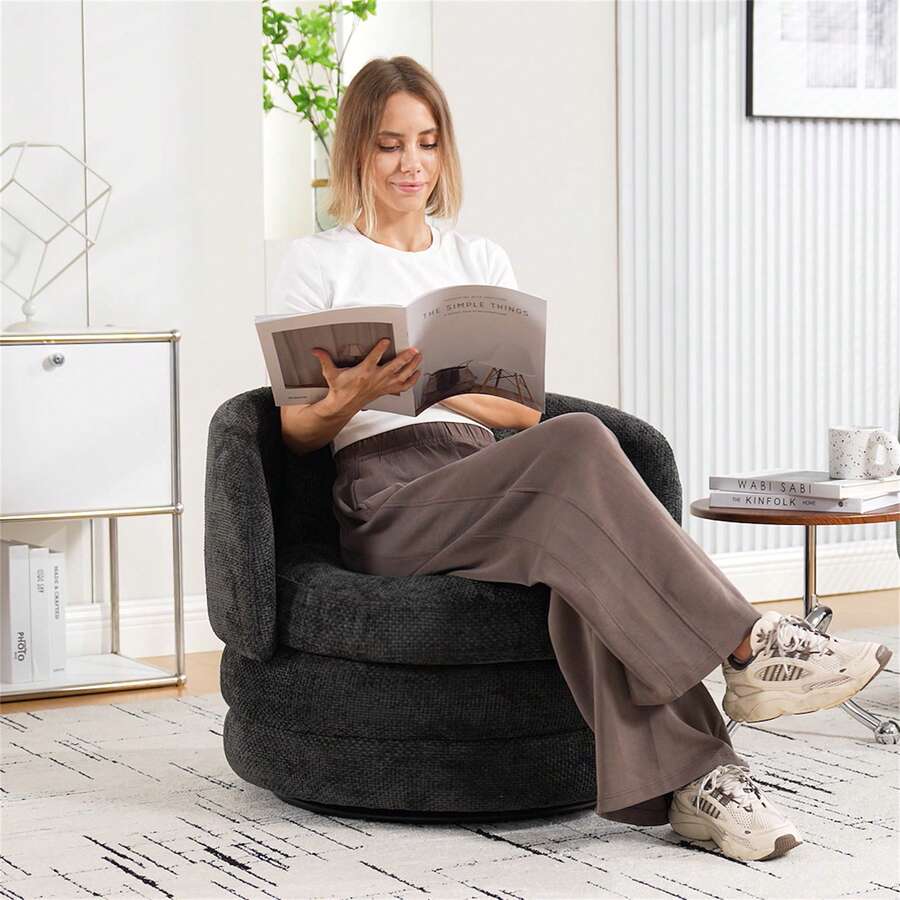 30" Living Room Rotating Decorative Chair(1PC), 360 ° Rotatable Bucket Shaped Sofa Chair, Chenille Armchair,Extra Super Soft Pillows As A Gift,Ergonomic Design,Suitable For Various Scenarios Such As Living Rooms, Bedrooms, Balconies, Etc - 深灰色-可旋轉裝飾椅+抱枕-雪尼爾 - 查看 1