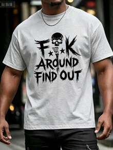 Men's "FK Around And Find Out" Graphic T-Shirt-Cotton Casual Tee With Skull & Stars Print, For Summer, Sports, Travel & Casual Attire Leisure Clothing - 灰色 - 查看 1