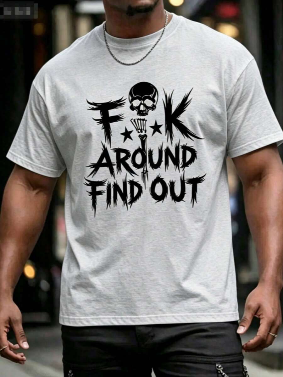 Men's "FK Around And Find Out" Graphic T-Shirt-Cotton Casual Tee With Skull & Stars Print, For Summer, Sports, Travel & Casual Attire Leisure Clothing - 灰色 - 查看 1