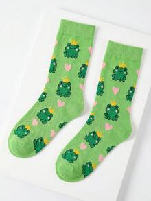 1 Pair Fashionable & Fun Mid-Calf Socks With Crown Frog Pattern, Unisex, Suitable For All Seasons - Multicolor - View 4
