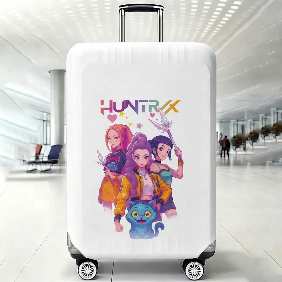 Miniso 鮮豔 Huntrix 動漫印花行李箱套,彈性保護行李箱皮,幻想角色防塵旅行保護套 - 顏色 - 查看 1