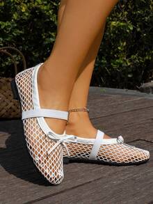 [Qishangda]Brand Shoes Round Toe Microfiber Mesh Breathable Shoes Flat Large Size Women's Shoes Woven Mesh Mary Jane Sandals Women's Fashion Flat Hollow Shoes - White - View 8