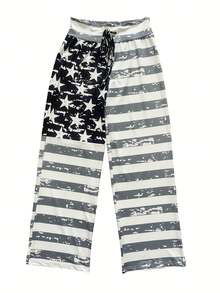 Nuevo modelo 2026:Pantalones con estampado de la bandera estadounidense y estilo casual de pierna ancha. - Albaricoque - Ver 9