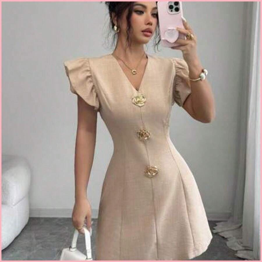 Elenzya Vestido mini de corte ajustado y acampanado con cuello en V, mangas cortas y decoración de botones metálicos color oro rosa, estilo de oficina, para verano - Caqui - Ver 1